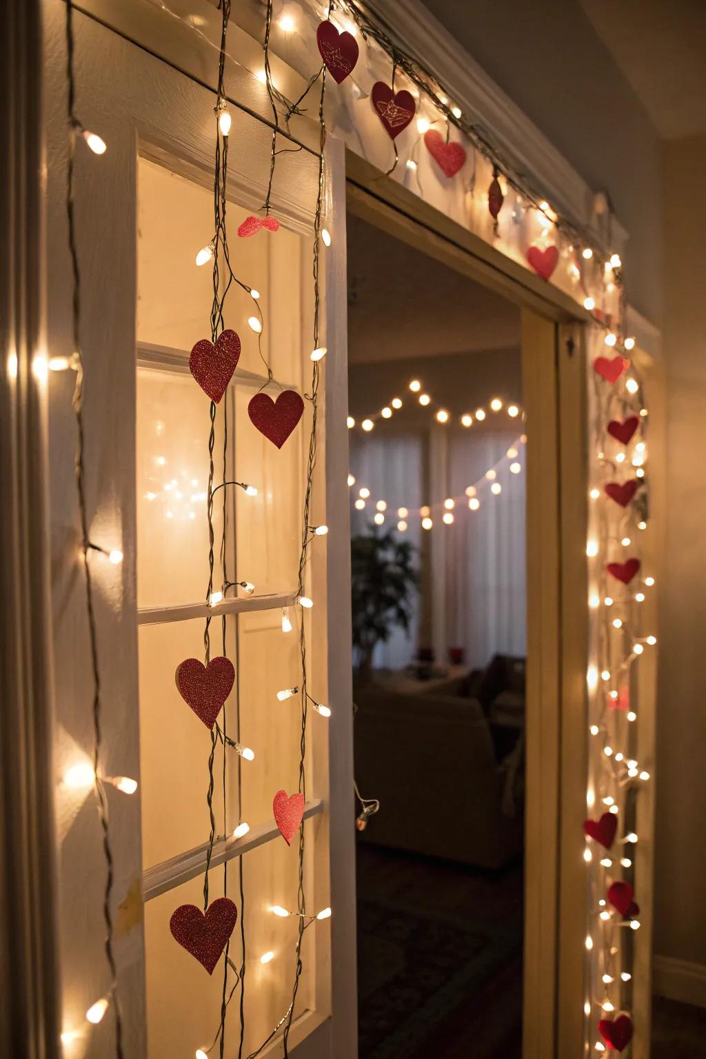 String lights creating a warm and inviting Valentine's ambiance.