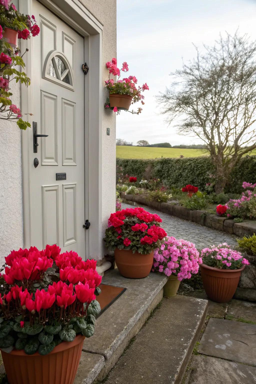 Seasonal plants adding fresh beauty to Valentine's door decor.