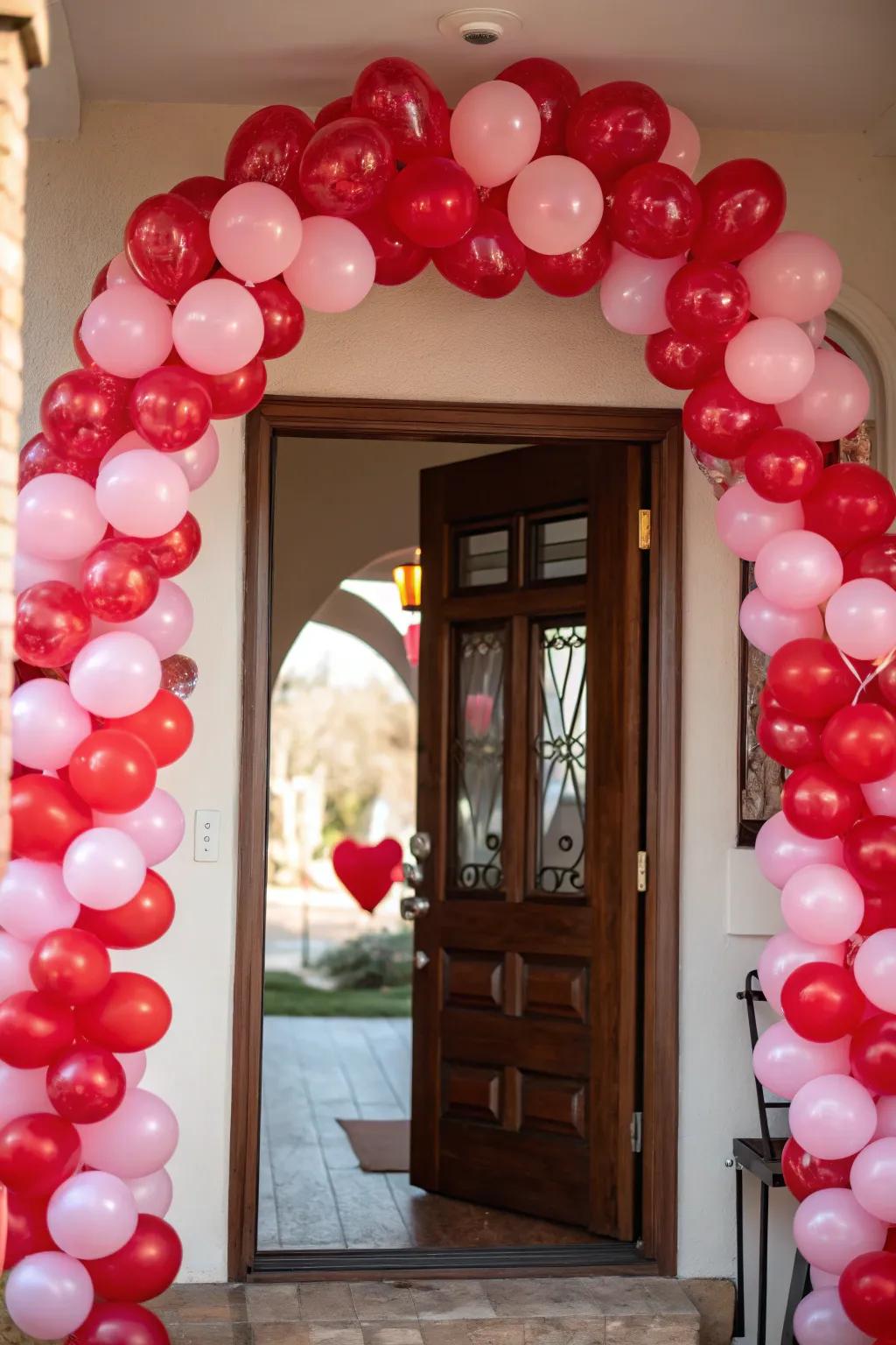 Festive balloon arch creating a lively Valentine's entrance.