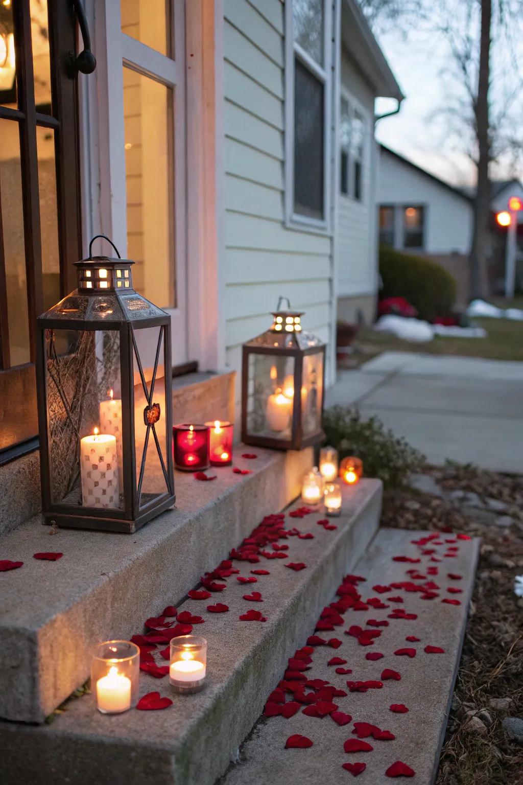 Candle lanterns creating a warm and romantic entrance.