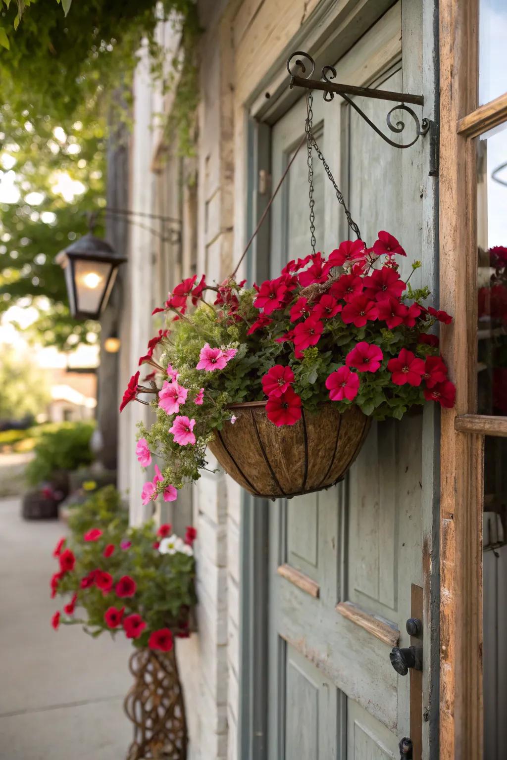 Floral basket adding a vibrant and festive touch to a Valentine's door.