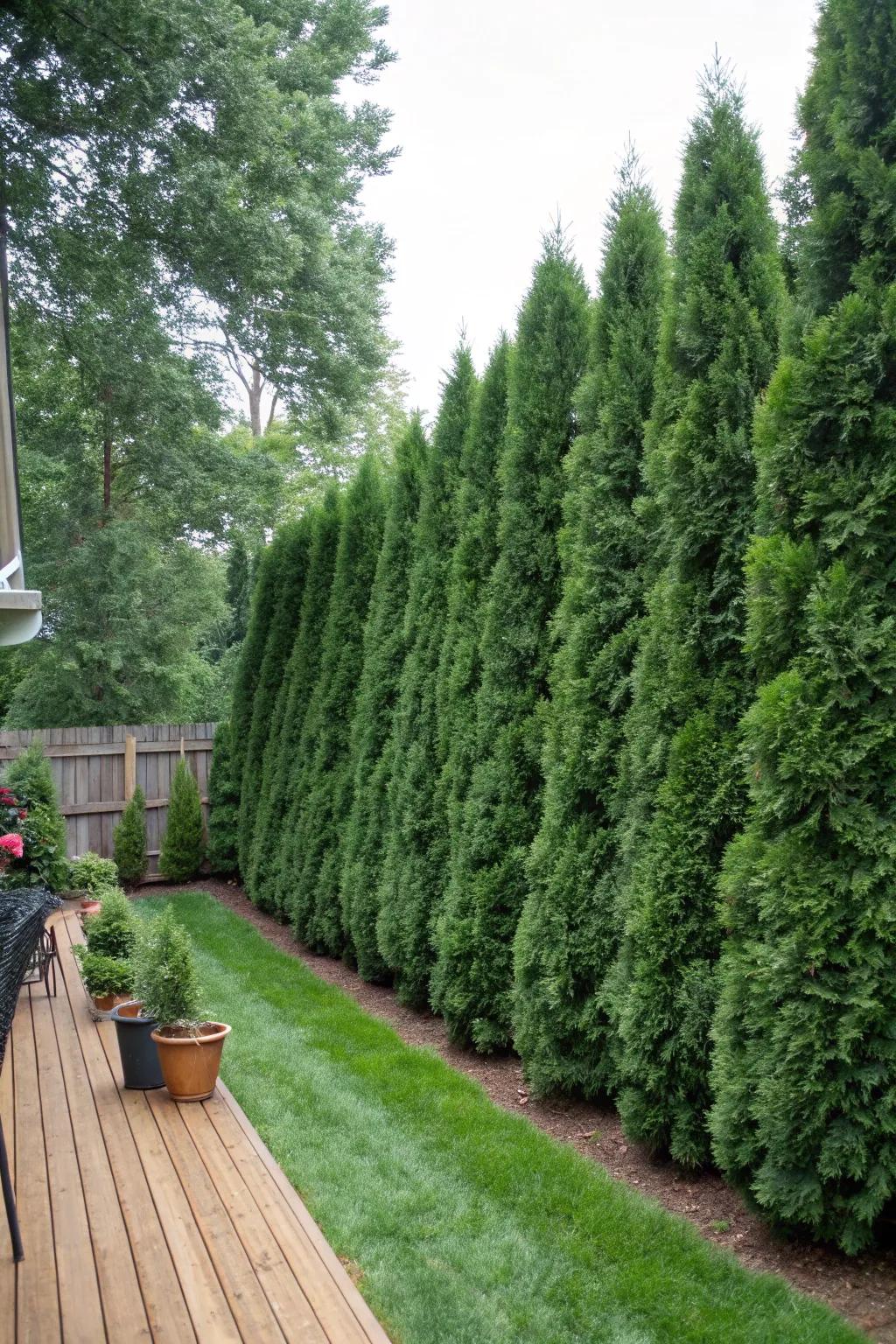 Dense evergreen hedge providing privacy.