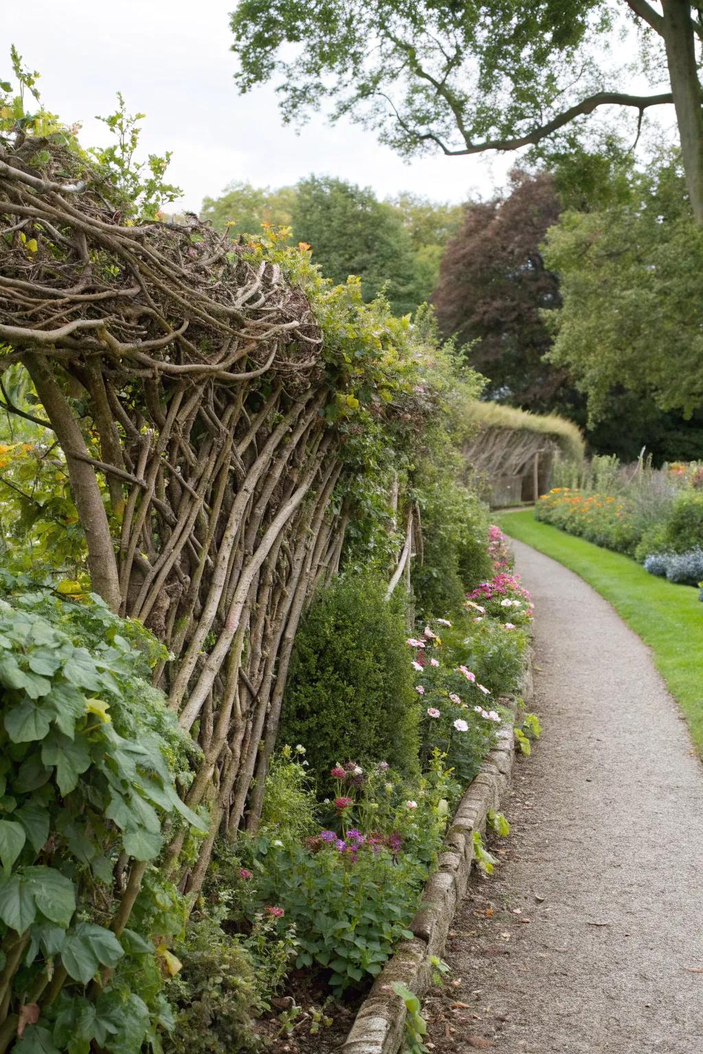 Dead hedge blending naturally into garden landscape.