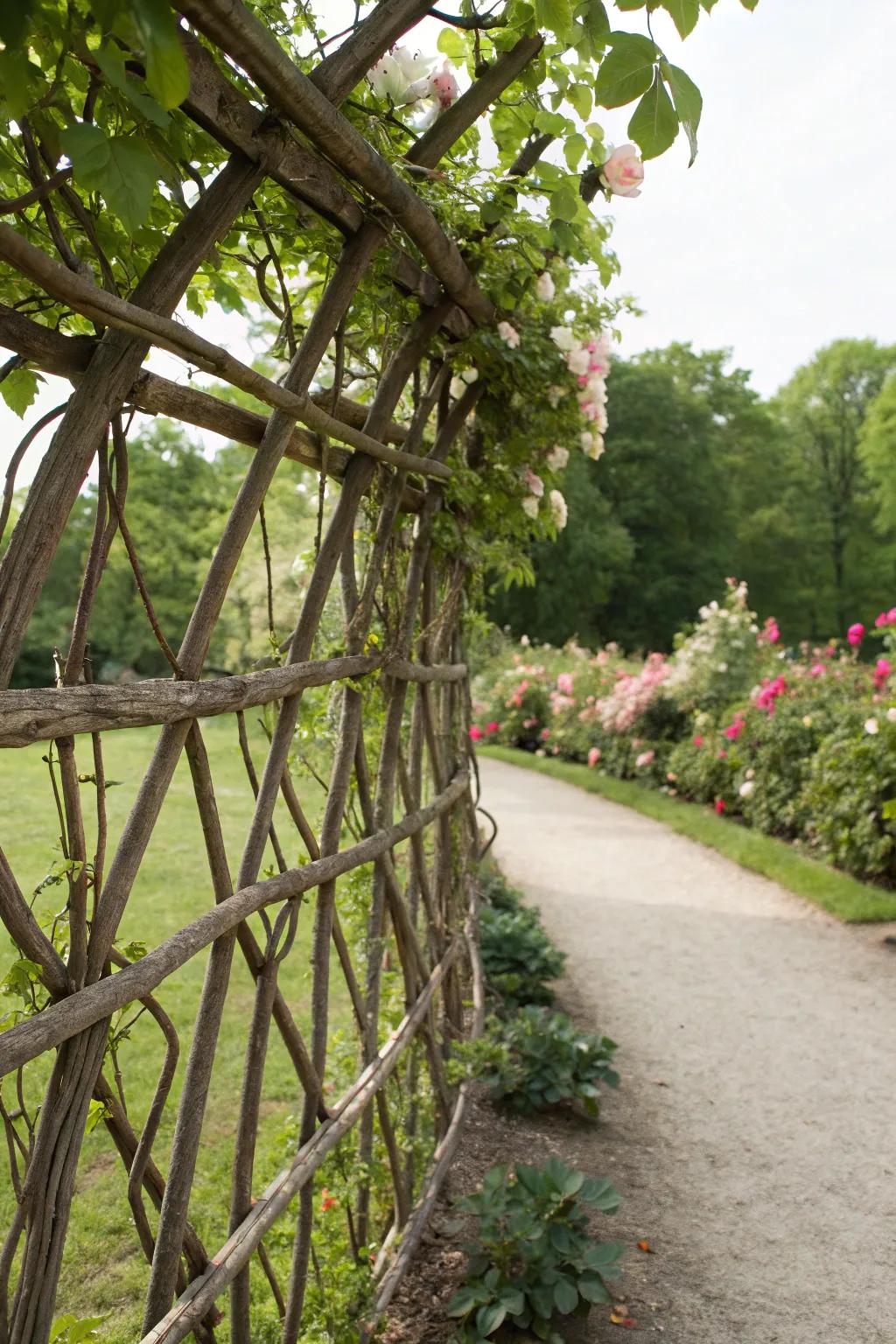 Lattice branch fence supporting climbing plants.
