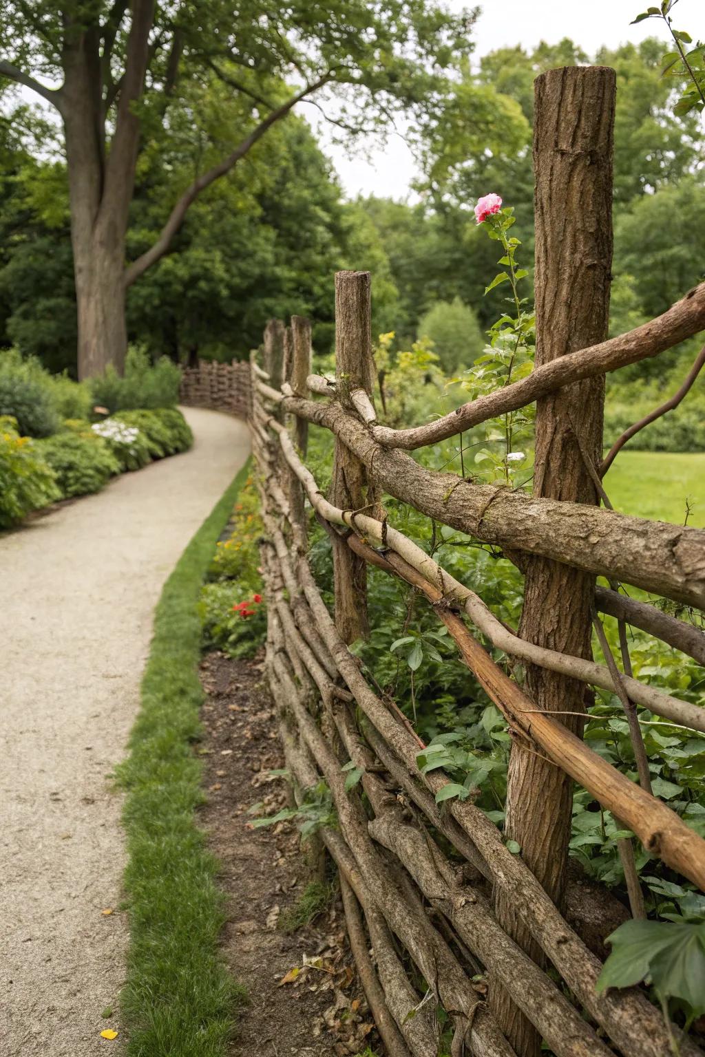Natural fence made of intertwined branches and logs.