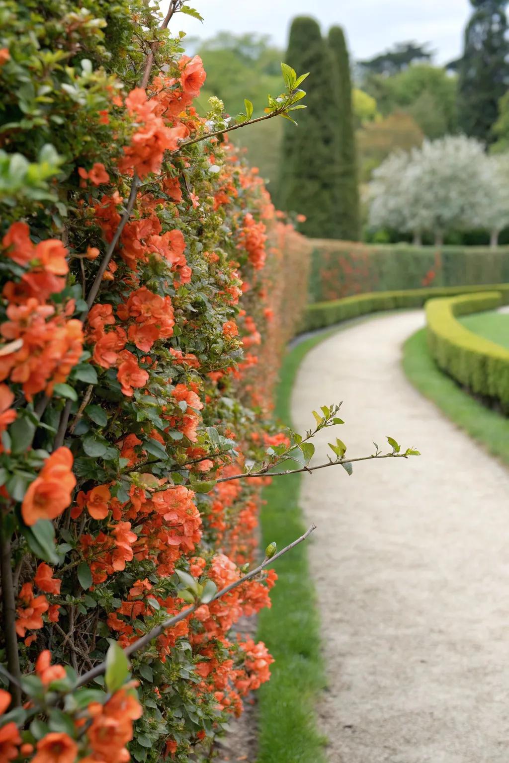 Flowering quince with bright orange blossoms.