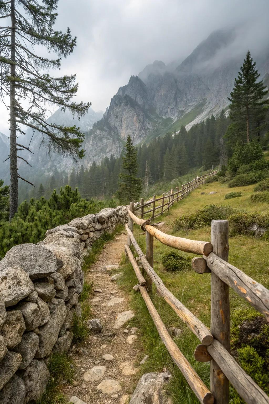 Fence combining natural branches and stones.