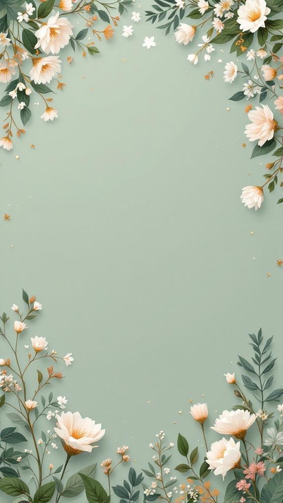 Elegant sage green wedding invitations with gold floral motifs.