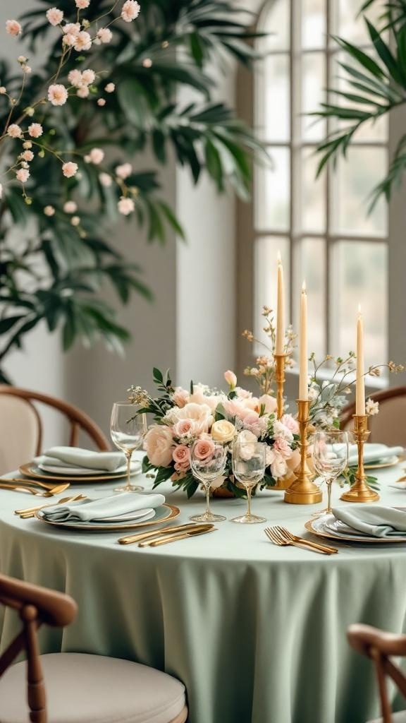 Reception table adorned with sage green linens and gold accents.