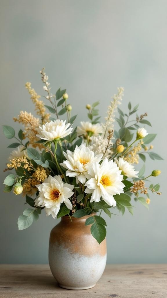 Floral centerpiece featuring sage green foliage and white flowers with gold highlights.