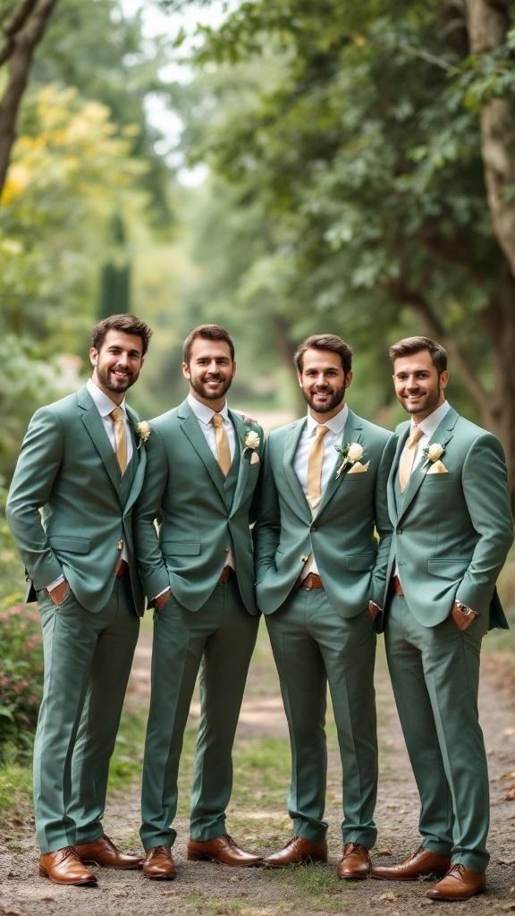 Groomsmen dressed in sage green suits accented with gold ties and pocket squares.