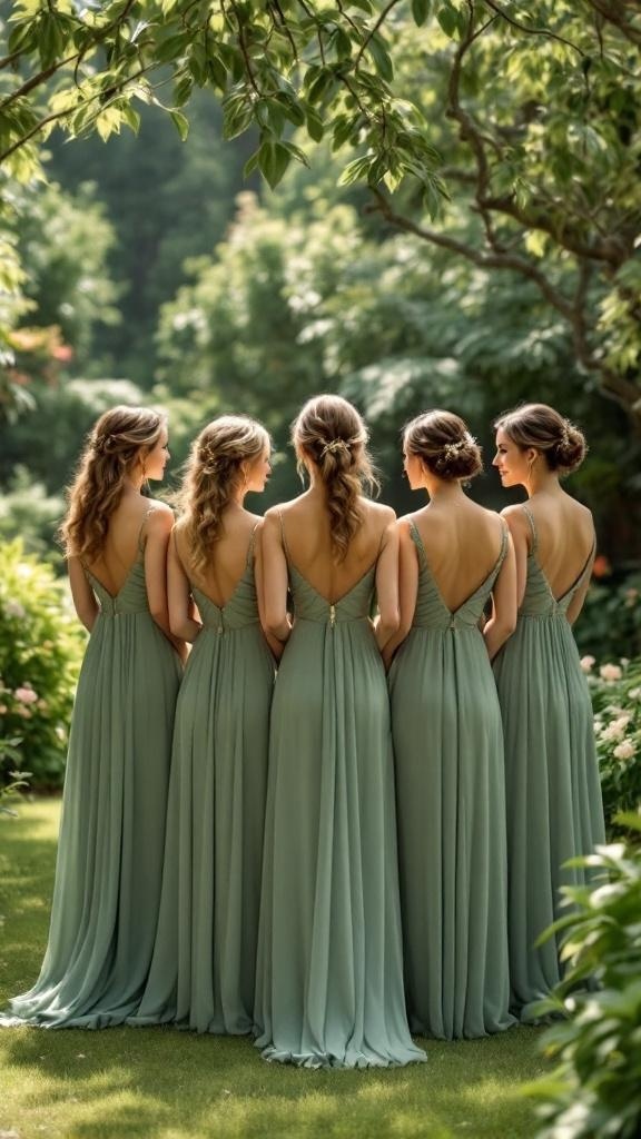 Bridesmaids wearing elegant sage green gowns in an outdoor garden.