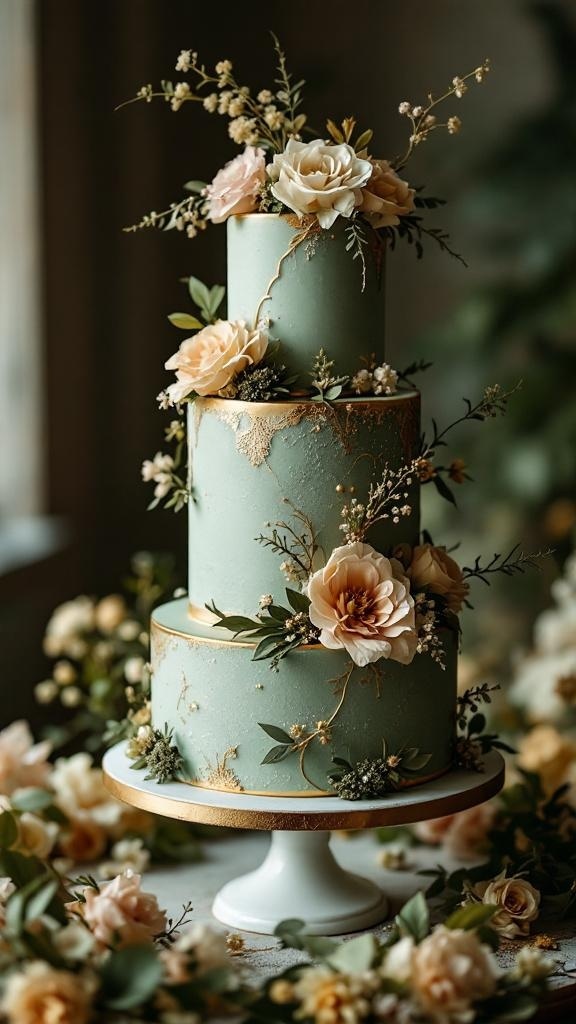 Three-tier wedding cake decorated in sage green with gold accents and floral details.