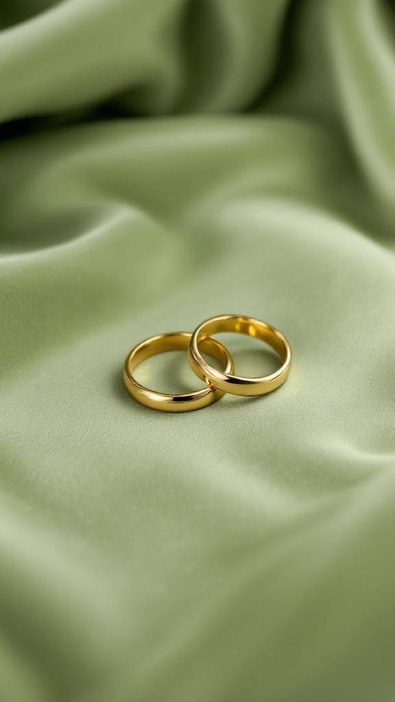 Gold wedding bands displayed on sage green velvet fabric.