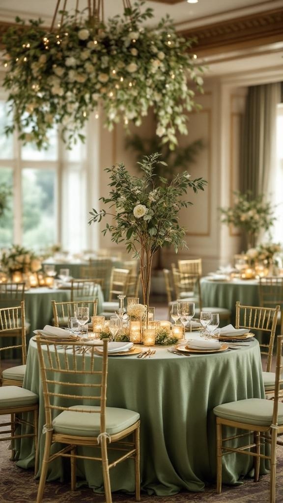 Reception area decorated with sage green table linens and gold accents.