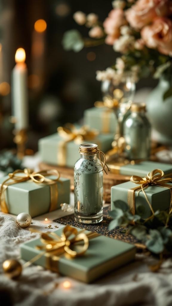 Wedding favors wrapped in sage green boxes with gold ribbons.