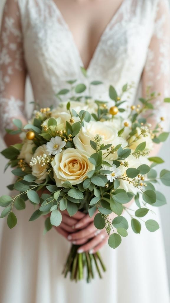 Bridal bouquet featuring sage green foliage, white roses, and gold accents.