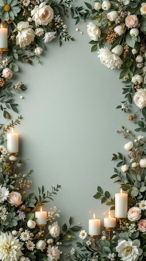 Unity ceremony setup featuring sage green and gold candles and floral decor.