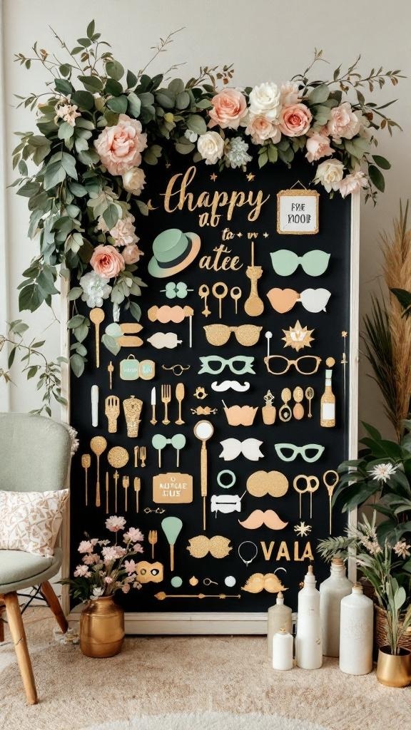 Wedding photo booth decorated in sage green and gold with props and flowers.