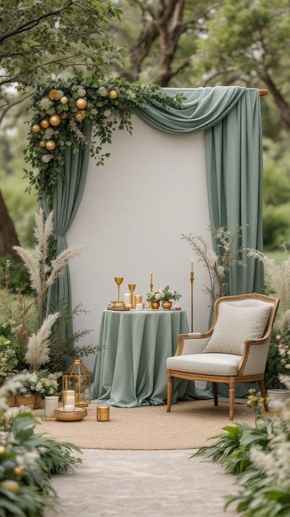Outdoor wedding setup with sage green and gold decor including chairs and floral arrangements.