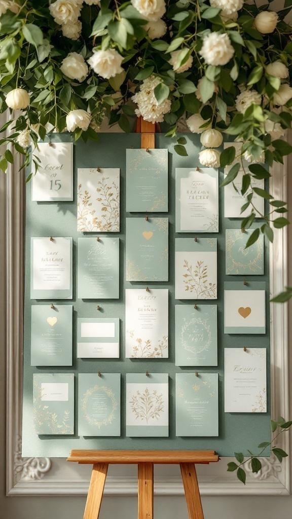 Escort cards displayed on a board with sage green and gold accents.