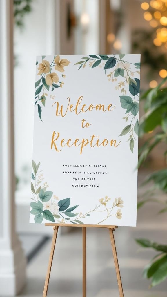 Welcome sign for wedding reception in sage green and gold with floral accents.
