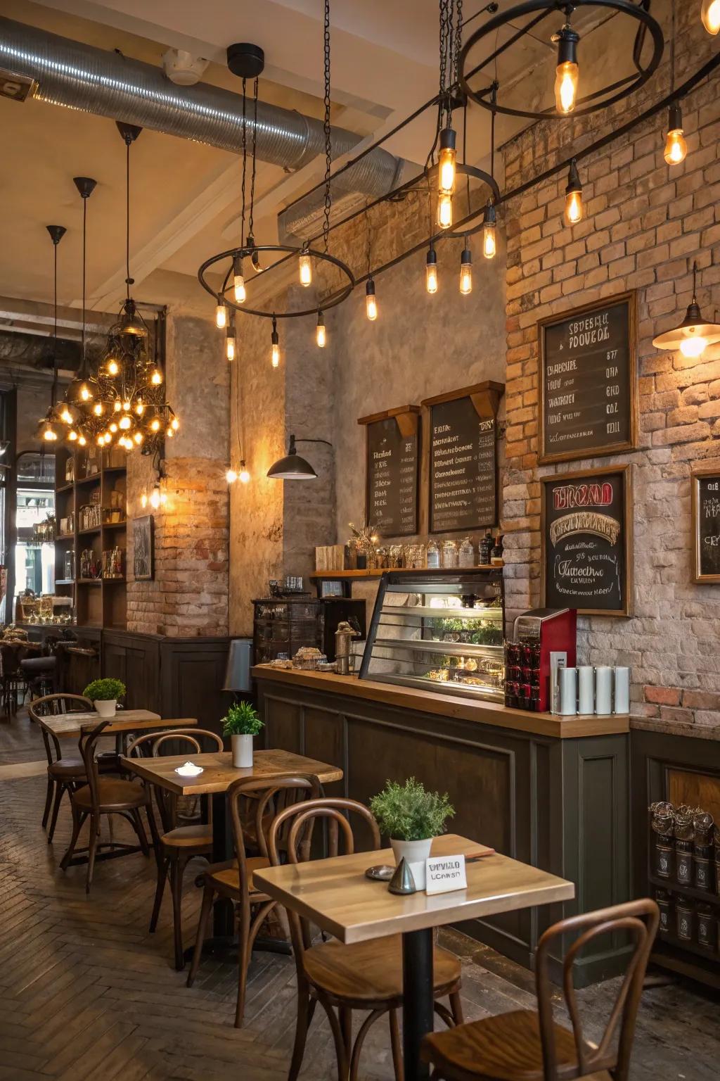 Lighting that accentuates unique architectural details in a cafe.