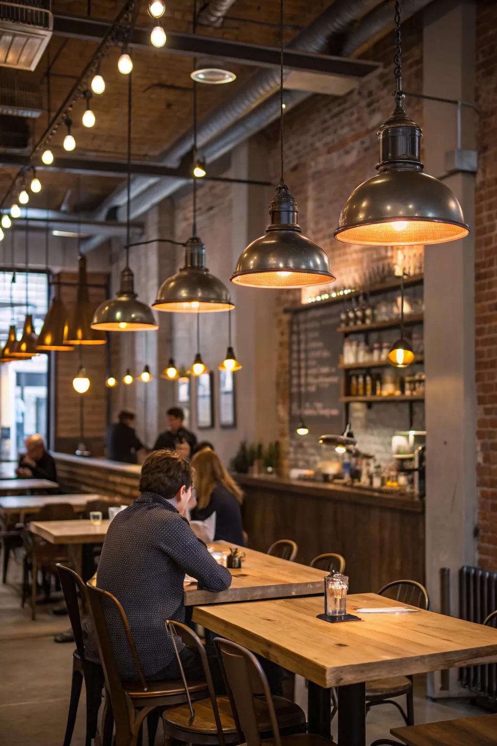 Industrial pendant lights casting warm light over wooden cafe tables.