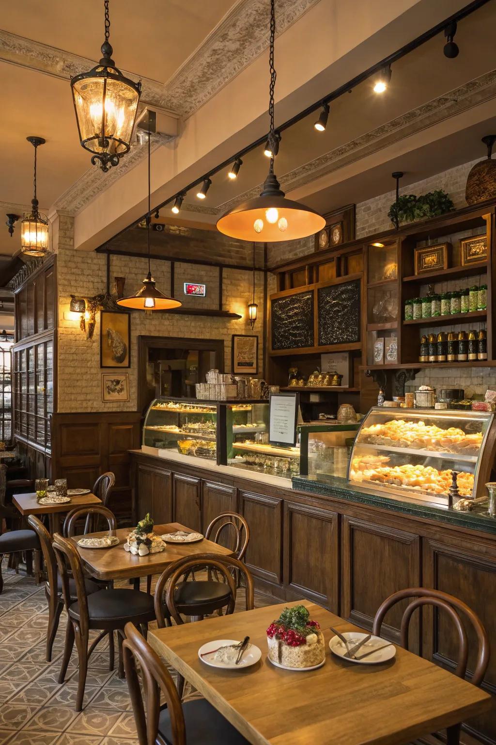A cafe showcasing a sophisticated layered lighting setup.