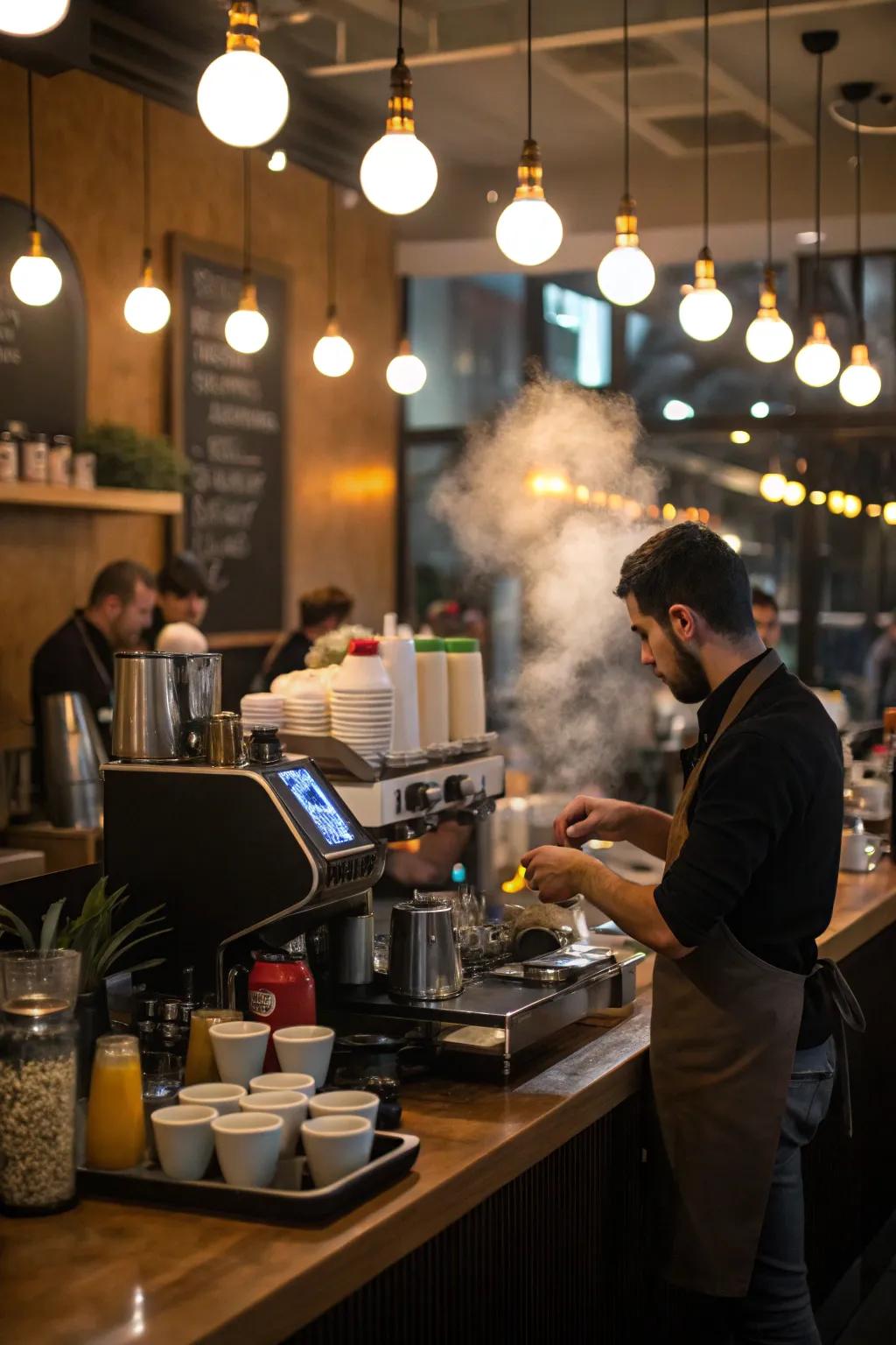 Bright task lighting at a cafe barista station for precision and comfort.