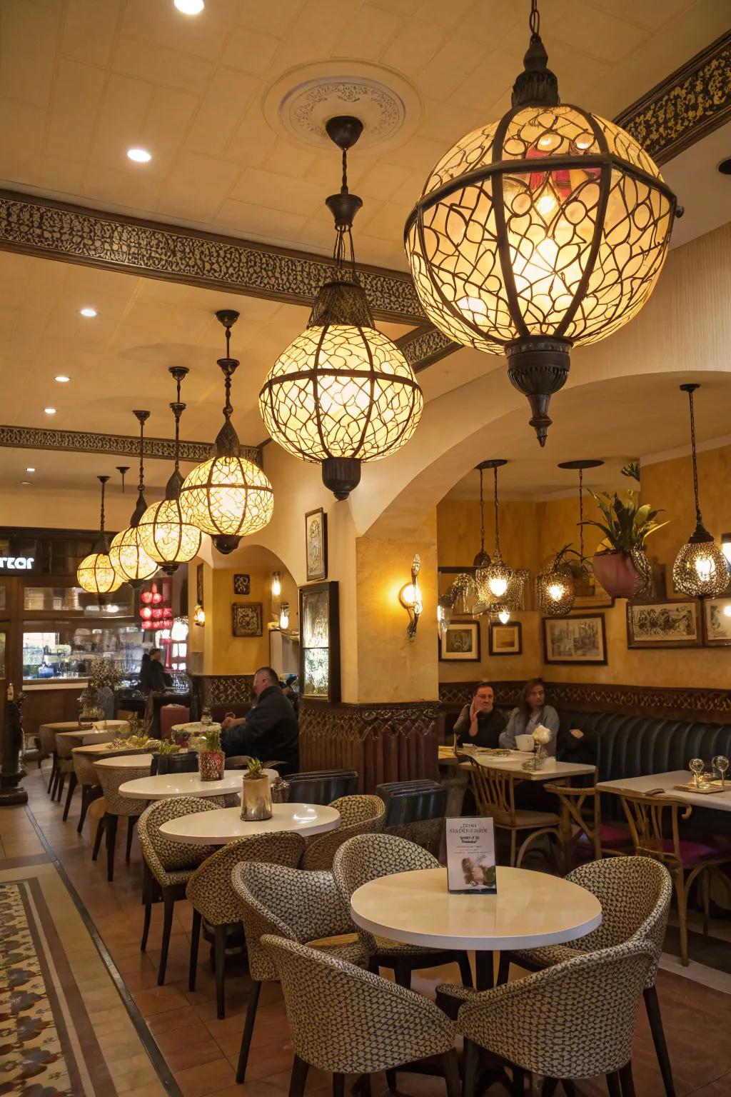 Artistic decorative light fixtures serving as focal points in a cafe.