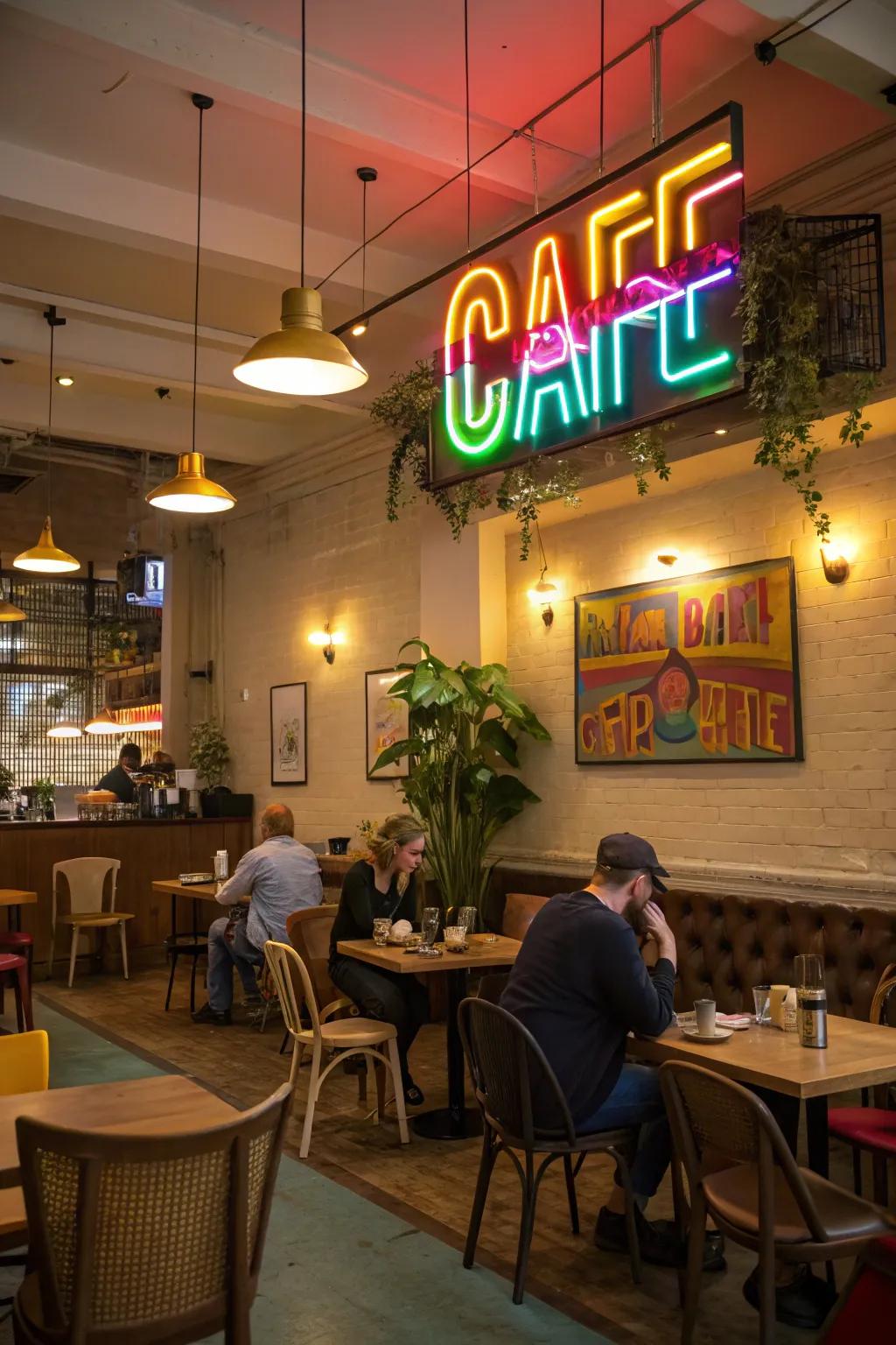 Vibrant neon sign adding character and flair to a cafe interior.