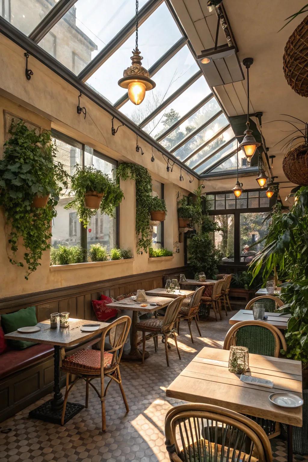 Natural daylight flooding a cafe interior through skylights.