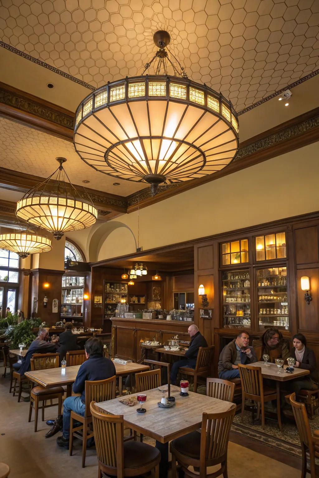 A striking ceiling fixture adding elegance and drama to a cafe.