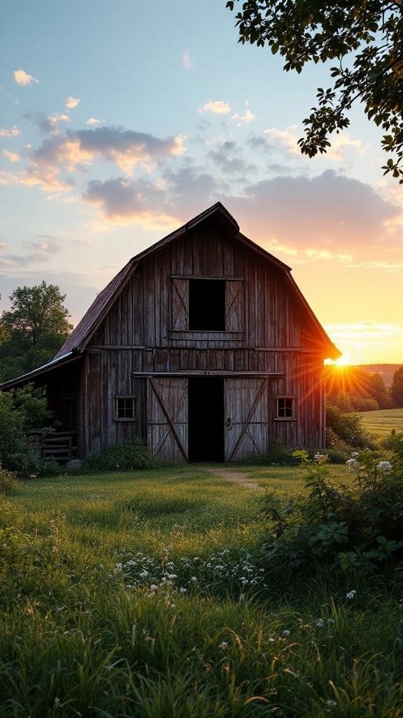 A rustic barn at sunset surrounded by greenery