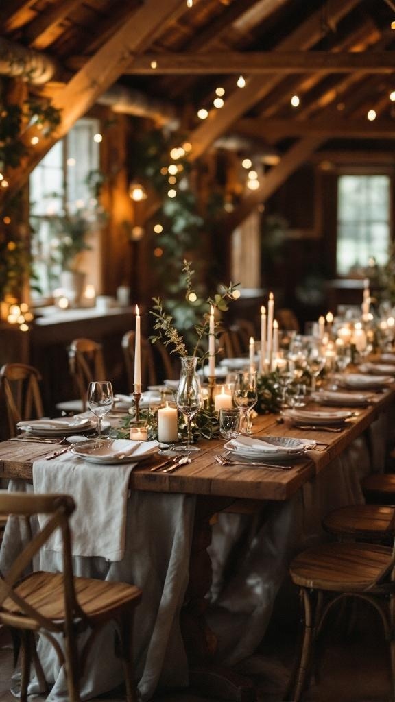 A beautifully arranged vintage table setting with wooden table, candles, and elegant glassware.