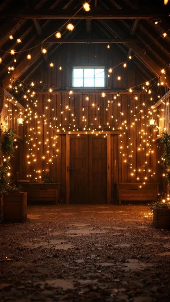 Interior of a rustic barn decorated with twinkling string lights