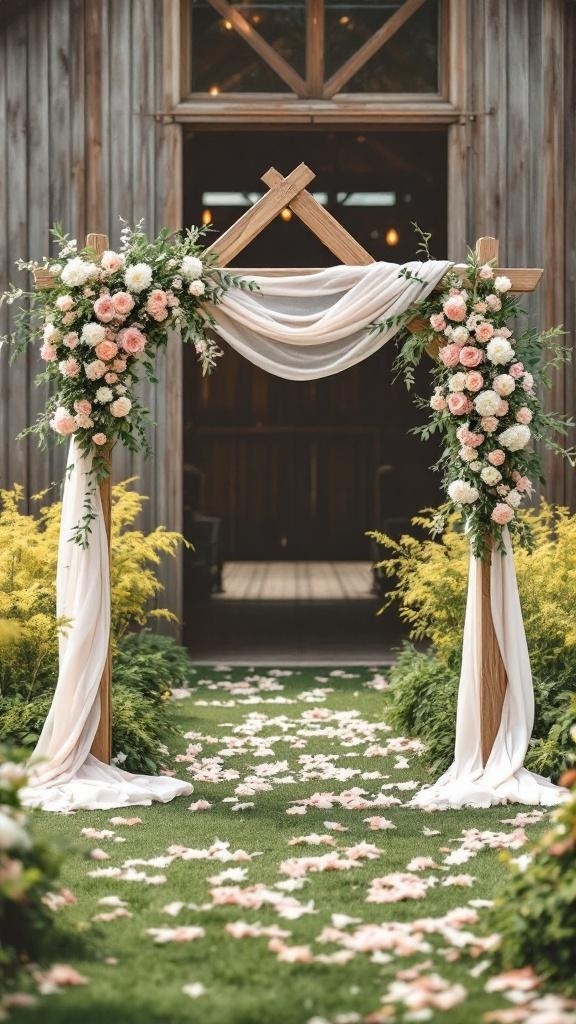 A beautiful wooden arch adorned with flowers and draped fabric, set for a rustic wedding ceremony.