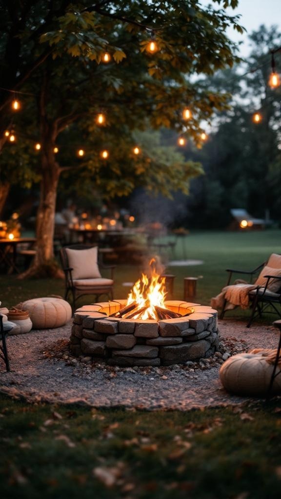 A cozy fire pit surrounded by chairs and pumpkins, illuminated by string lights.