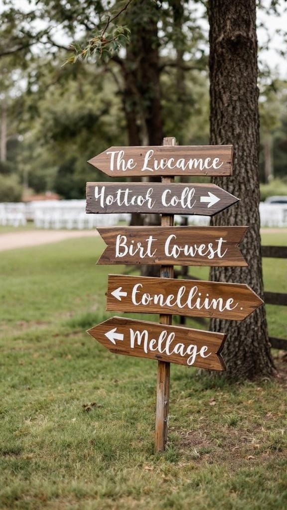 Wooden directional signs with handwritten names for a rustic wedding