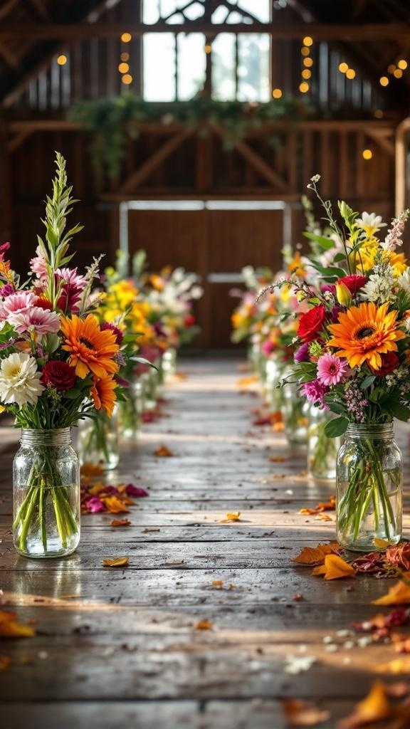 Colorful floral arrangements in mason jars on a wooden floor, leading to a barn entrance.