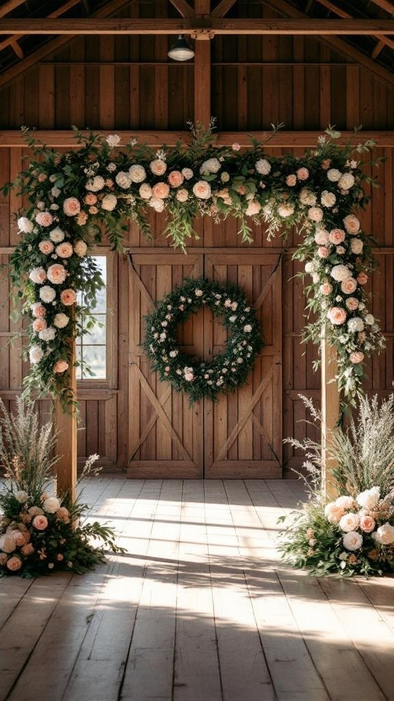 A rustic wedding arbor decorated with flowers and greenery inside a barn.