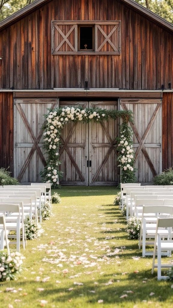 Outdoor wedding ceremony setup with white chairs and floral decorations in front of a rustic barn.