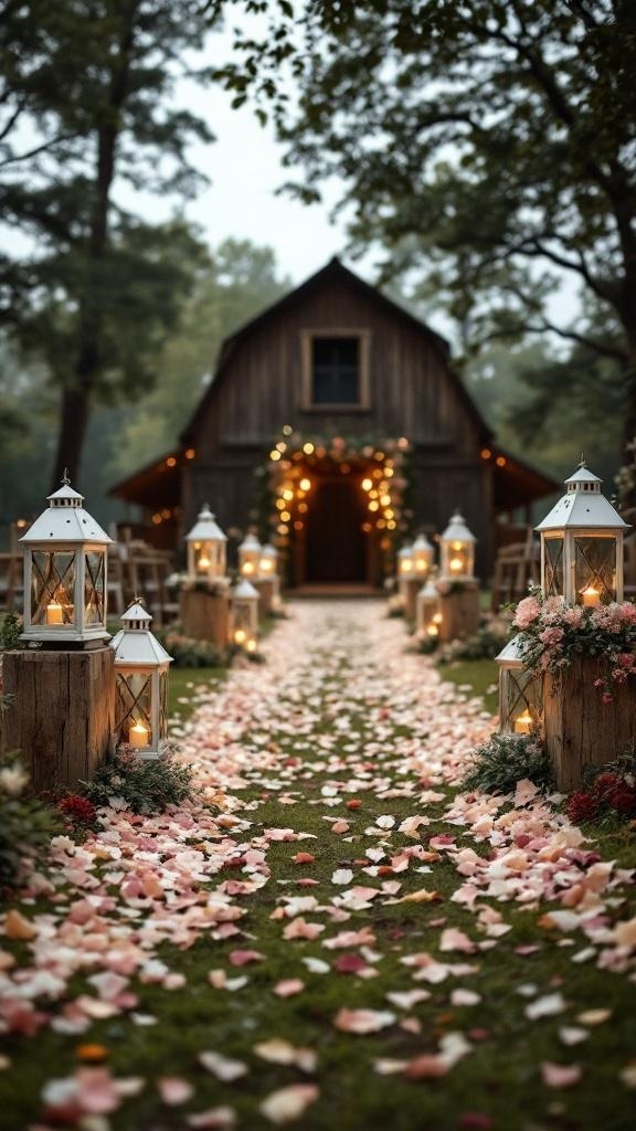 A beautiful outdoor wedding aisle decorated with lanterns and flower petals leading to a rustic barn.