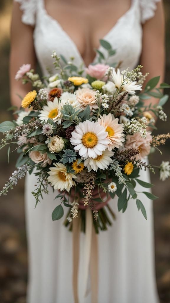 A beautiful bridal bouquet with daisies, pink roses, and greenery, perfect for a rustic barn wedding.