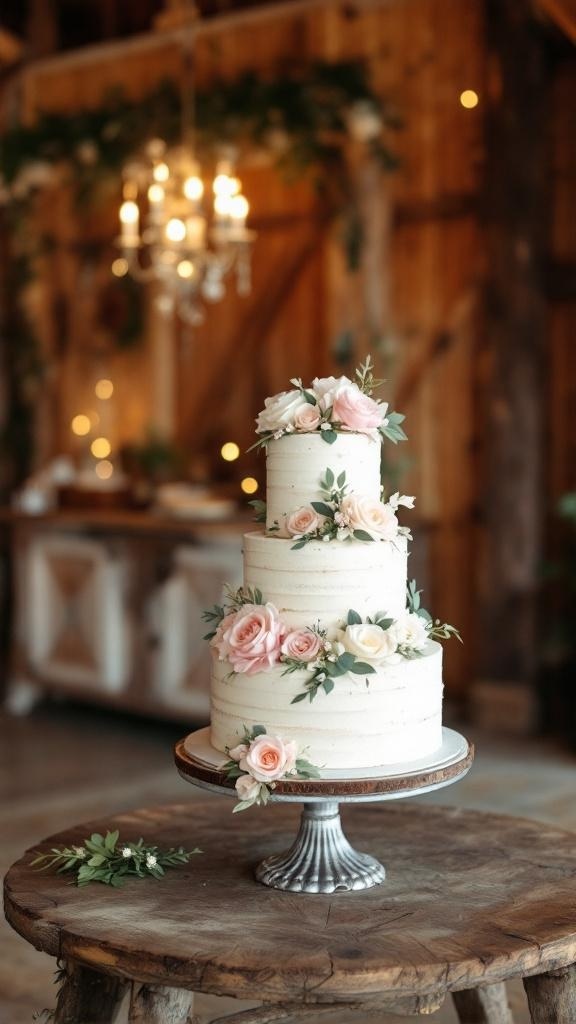 A rustic wedding cake displayed on a wooden stand, decorated with flowers.