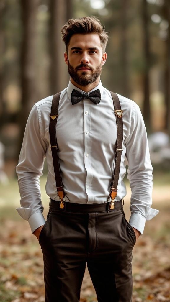 A groom in a rustic setting wearing a white shirt, suspenders, and a bow tie.