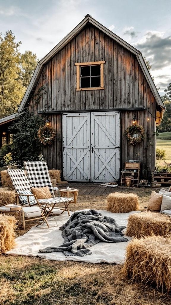 Cozy lounge area with hay bales, blankets, and chairs near a rustic barn.