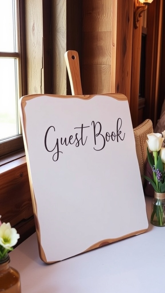 A rustic guest book sign decorated with flowers, inviting guests to leave their names and messages.