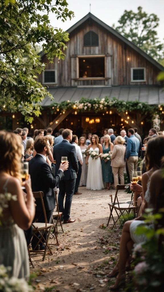 Guests celebrating after a rustic barn wedding ceremony.